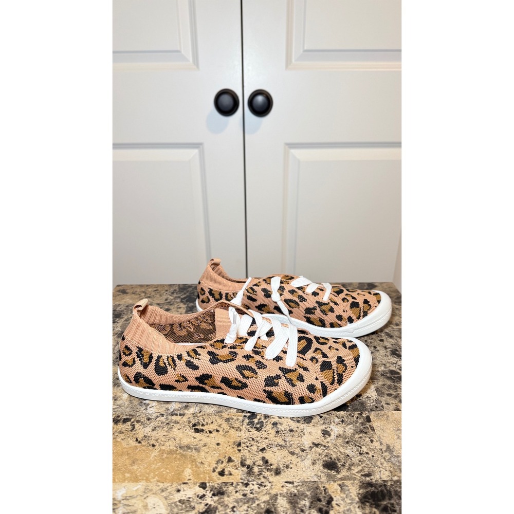 Leopard Print Mesh Knitted Slip On Sneakers Tan Black Animal Print Low Top 9